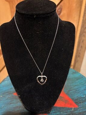Silver Heart Pendant Necklace with Crystal Accent and Volleyball Charm